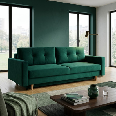 Fonctionnel et méga confortable canapé-lit trois places de luxe en vert.