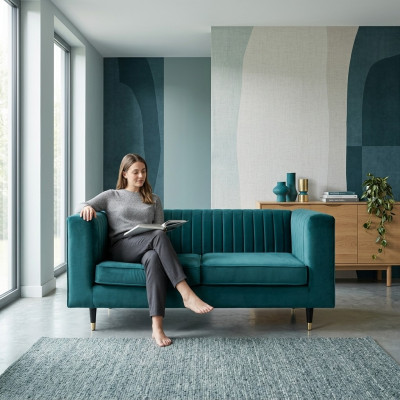 Canapé 2 places vert élégant design moderne de luxe en bois tissu rembourré neuf
