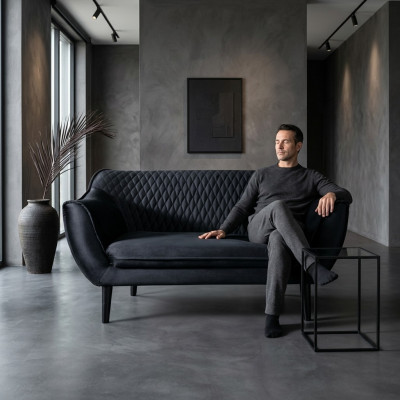 Canapé 2 places Noir Design Luxueux Moderne Salle de séjour Mobilier en Bois Tissu d'ameublement