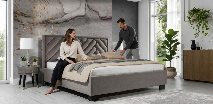 Ensemble de chambre à coucher Gris Lit Bois 2x Tables de chevet Élégant Moderne Beau neuf 3 pièces.
