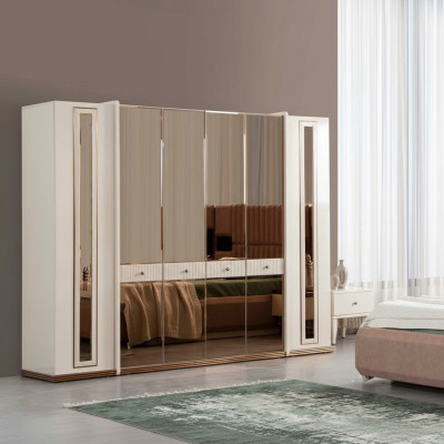Six armoires à portes, armoires beige, meubles en bois, armoire en bois.