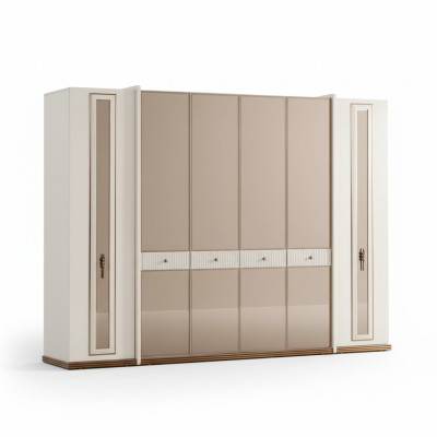 Six armoires à portes, armoires beige, meubles en bois, armoire en bois.
