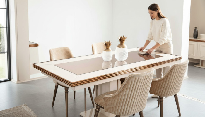 Table à manger de luxe, table en verre beige, table en bois, table de designer, table de cuisine