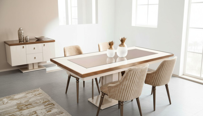 Table à manger de luxe, table en verre beige, table en bois, table de designer, table de cuisine