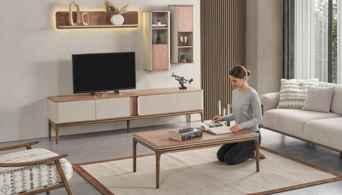 Buffet télé Meuble bas Armoire Table basse Salon Moderne Beige Bois