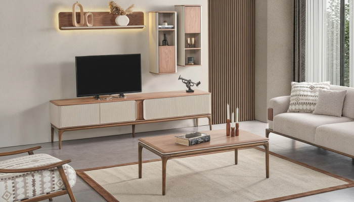 Buffet télé Meuble bas Armoire Table basse Salon Moderne Beige Bois