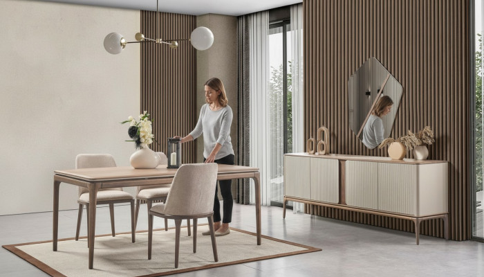 Ensemble de salle à manger Table à manger 4 chaises Buffet Miroir Moderne en bois beige 7 pièces