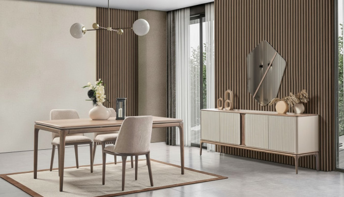 Ensemble de salle à manger Table à manger 4 chaises Buffet Miroir Moderne en bois beige 7 pièces