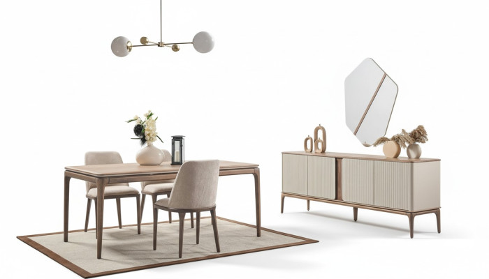 Ensemble de salle à manger Table à manger 4 chaises Buffet Miroir Moderne en bois beige 7 pièces