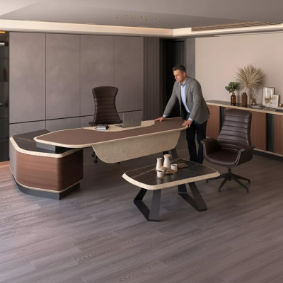 Ensemble de salle d'étude moderne Mobilier de luxe Bureau d'angle Bahut Bois massif