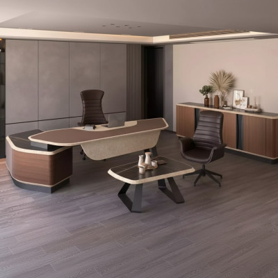 Ensemble de salle d'étude moderne Mobilier de luxe Bureau d'angle Bahut Bois massif