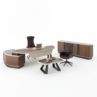 Ensemble de salle d'étude moderne Mobilier de luxe Bureau d'angle Bahut Bois massif