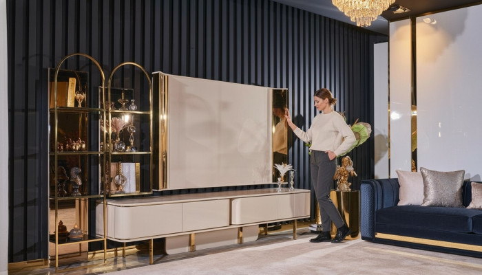 Salle de séjour Luxe télé Armoire TV Meuble Armoires Bois Meuble bas nouveau beige
