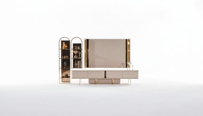 Salle de séjour Luxe télé Armoire TV Meuble Armoires Bois Meuble bas nouveau beige