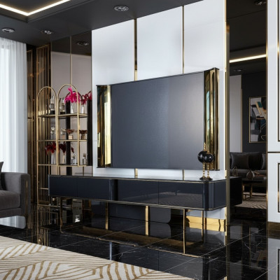Meuble TV bas, meuble TV bas, buffet, salon moderne en bois noir design