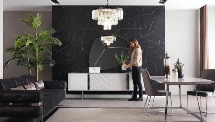 Salle à manger Ensemble Canapé Table 4x Chaise Set Buffet Miroir Mobilier 8 pièces