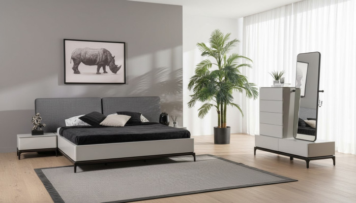 Ensemble de chambre moderne en noir et blanc (lit, deux tables de chevet, commode avec miroir)