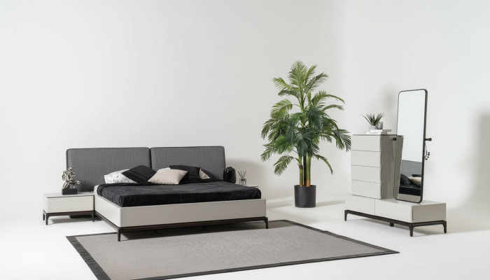 Ensemble de chambre moderne en noir et blanc (lit, deux tables de chevet, commode avec miroir)