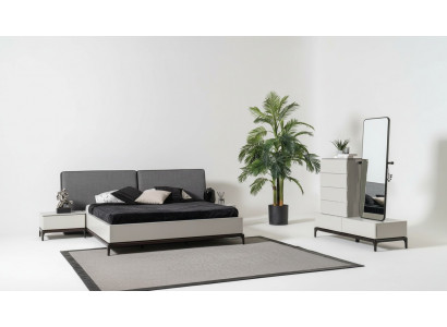 Ensemble de chambre moderne en noir et blanc (lit, deux tables de chevet, commode avec miroir)