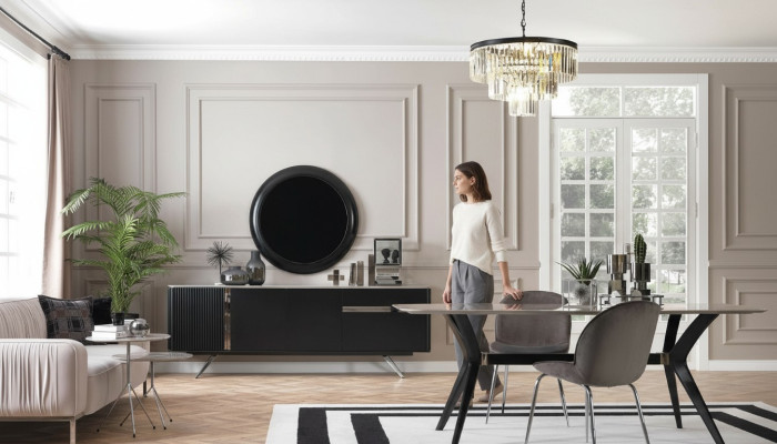 Ensemble de salle à manger de luxe 7 pièces de style loft, table, commode, 4 chaises.