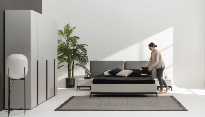Lit Rembourrage Design Luxe Lits Doubles d'Hôtel Meubles en Bois Gris Clair Loft