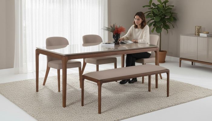 Ensemble de salle à manger, salle à manger, tabouret, 4 chaises, table, meuble beige, 6 pièces