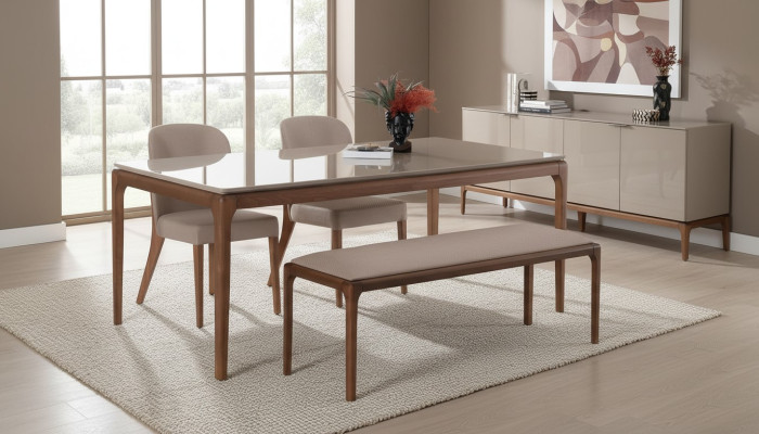 Ensemble de salle à manger, salle à manger, tabouret, 4 chaises, table, meuble beige, 6 pièces