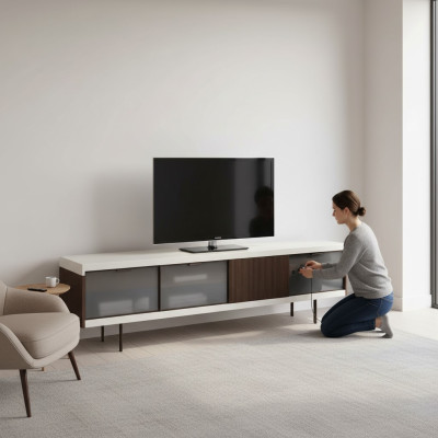 Meuble télé bas Étagère Buffet Meuble télé Design Luxueux Bois Blanc 225cm