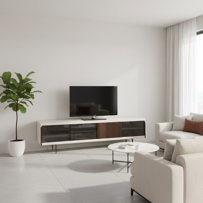 Meuble télé bas Étagère Buffet Meuble télé Design Luxueux Bois Blanc 225cm