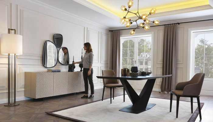 Table de salle à manger Table 4x Chaises Buffet Miroir 7 pièces Ensemble du groupe de design