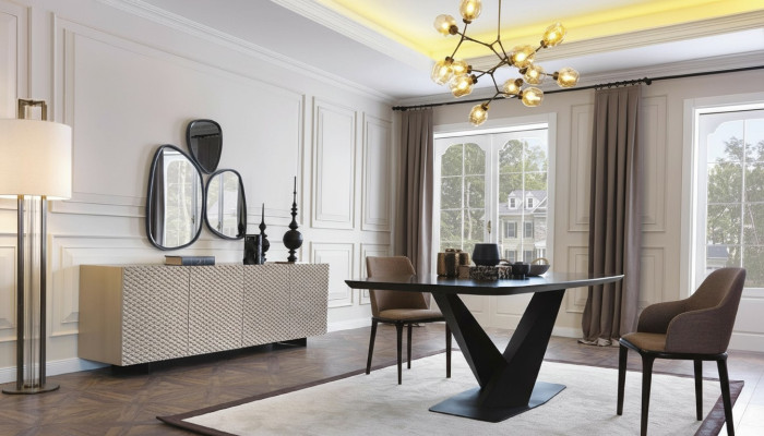 Table de salle à manger Table 4x Chaises Buffet Miroir 7 pièces Ensemble du groupe de design