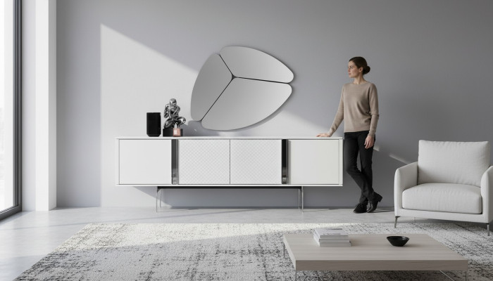 Salle de séjour moderne Miroir Buffet Armoire Design élégant Nouvelle luxueuse Gris 2 pièces