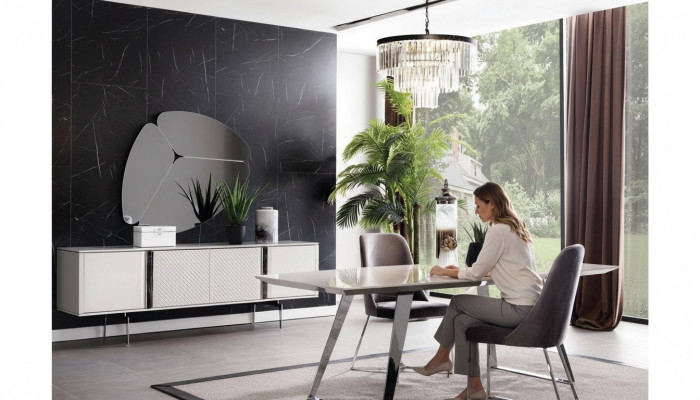 Groupe de salle à manger Ensemble Table 4x Chaises Buffet Miroir 7pcs. Ensemble de salle à manger gris