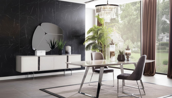 Groupe de salle à manger Ensemble Table 4x Chaises Buffet Miroir 7pcs. Ensemble de salle à manger gris