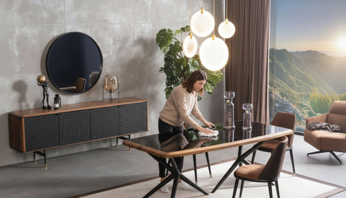 Salle à manger Ensemble Table 4x Chaises Buffet Miroir Ensemble de salle à manger de 7 pièces