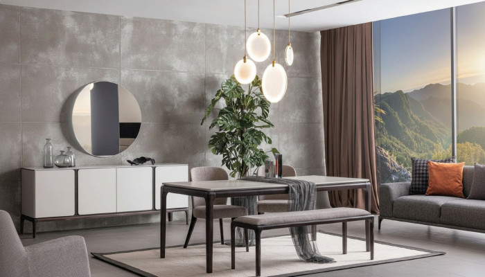 Salle à manger Ensemble Table 2x Chaises Buffet Miroir Tabouret Ensemble de salle à manger 6 pièces nouveau