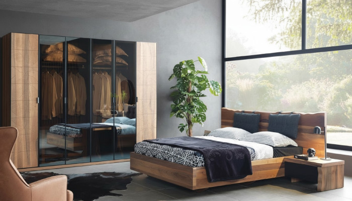 Chambre Lit 2x Table de chevet Armoire Suite Bois Moderne Ensemble
