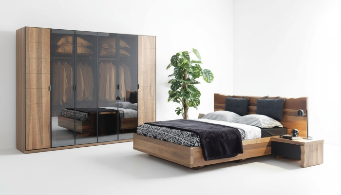 Chambre Lit 2x Table de chevet Armoire Suite Bois Moderne Ensemble