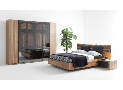 Chambre Lit 2x Table de chevet Armoire Suite Bois Moderne Ensemble