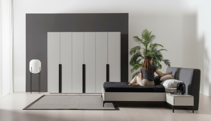 Lit 2x Table de chevet Armoire Luxe Bois Chambre Hôtel Mobilier 4 pièces.