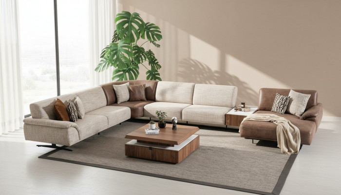 Paysage vivant Canapé d'angle Suite Design Table basse moderne Marron 2 pièces