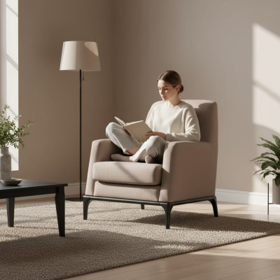 Salon Fauteuil Design Canapé Luxe Rembourrage Moderne Marron Bois Textile