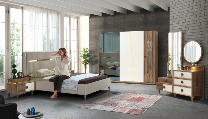 Chambre à coucher Ensemble Lit 2x Tables de chevet 5 pièces Design Textile Bois Armoire