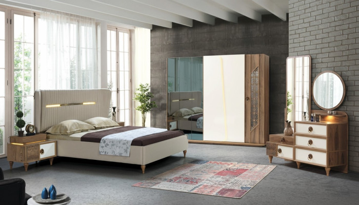 Chambre à coucher Ensemble Lit 2x Tables de chevet 5 pièces Design Textile Bois Armoire