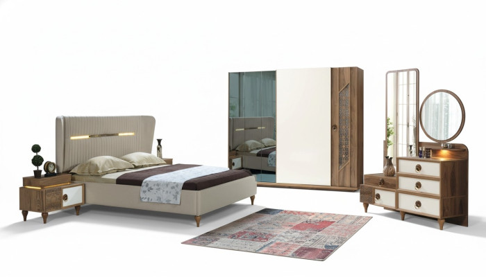 Chambre à coucher Ensemble Lit 2x Tables de chevet 5 pièces Design Textile Bois Armoire