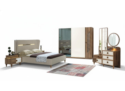 Chambre à coucher Ensemble Lit 2x Tables de chevet 5 pièces Design Textile Bois Armoire