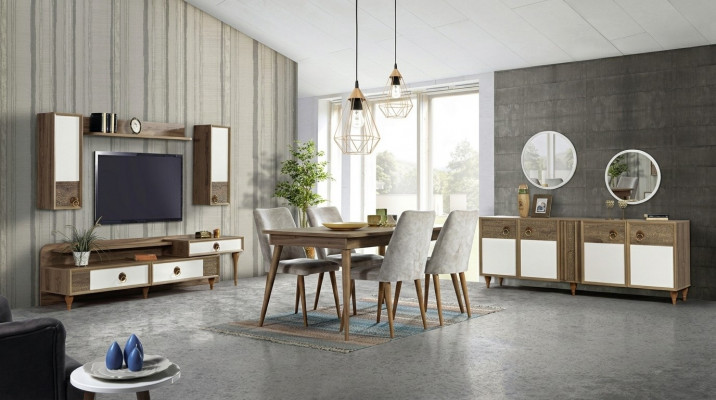 Salle à manger Ensemble Table 4x Chaises Buffet Ensemble Suite Design Bois Textile