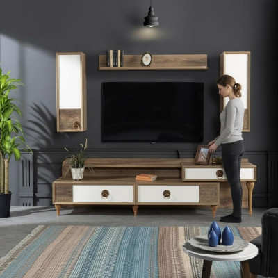 Salle de séjour Unité murale Meuble TV Meuble bas Bois Marron Mobilier TV neuf Moderne