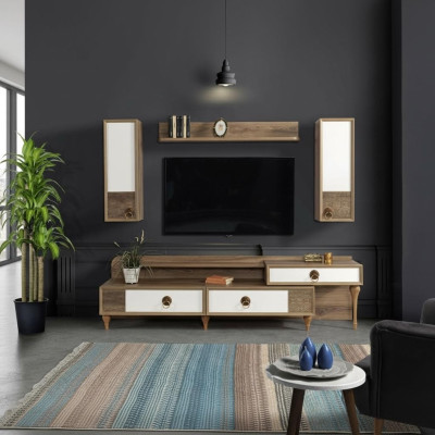 Salle de séjour Unité murale Meuble TV Meuble bas Bois Marron Mobilier TV neuf Moderne