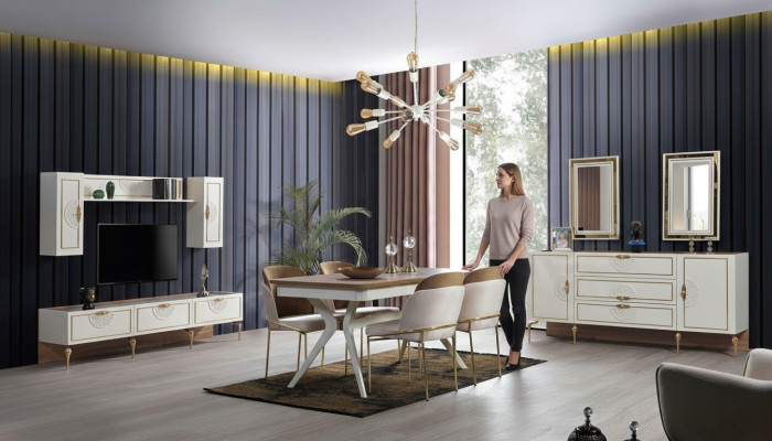 Salle à manger Ensemble de salle à manger Table 4x Chaises Buffet 2x Miroir 8 pièces neuf